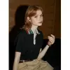 College-style Polo lapel loose T-shirt for women, a new summer fashion semi-zipper contrasting color pullover top Application Scenario